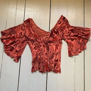 Free People Amour Coral Combo Cold Shoulder Deep V-neck